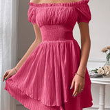 Elegant Off-Shoulder Square Neck Dress, 100% Polyester Solid Color A-Line Mini Dress for Women, Spring/Summer Woven Fabric, Occasion Wear | Ruffled Bodice | Polyester Fabric, Cute Dresses