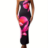 [Offshoulder Dress] Elegant Women's Off-Shoulder Floral Print Sleeveless Maxi Dress - Slim Fit, Backless Design with Vibrant Pink & Black Flowers, Perfect for Parties & Clubs, Blend, Machine Washable