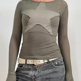 Women's Star Patch Tops Slim Round Neck Long Sleeve T-Shirt Casual Streetwear for Fall