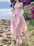 French Style First Love Cherry Blossom Pink Tie-Dye Suspender Dress Vacation Style Fairy Style Gradient Dyeing Women's Summer Floral Irregular Hem Vacation Long Dress