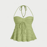 [Solid Color Halter Sexy Top] Women's Chic Y2K-Inspired Solid Color Semi-Sheer Halter Top with Tie-Up Backless Design - Sexy Summer Sleeveless Blouse in Lightweight Polyester, Machine Washable, Beach Coverup|Feminine Style|El