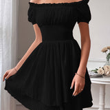 Elegant Off-Shoulder Square Neck Dress, 100% Polyester Solid Color A-Line Mini Dress for Women, Spring/Summer Woven Fabric, Occasion Wear | Ruffled Bodice | Polyester Fabric, Cute Dresses