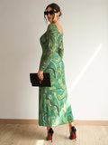 Marble Print Long Sleeve Dress, Stylish Square Neck Ankle Length Dress For Spring & Fall, Women's Clothing