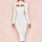 Women Bodycon Bandage Dress White Long Sleeve Hollow Out Club Dress Vestidos Celebrity Evening Party Midi Dress