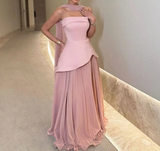 Strapless Satin Pink A Line Evening Dress  Saudi Arabic Formal Gown Cape Prom Dress Wedding Party Gown
