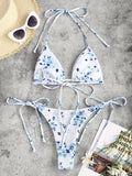 Women'S Tie-Strap Triangle Printed Smocked Bikini Set, Adjustable Beach Swimwear, Floral Print, Summer Essentials