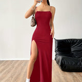 Solid Color Split Cami Dress, Elegant Sleeveless Bodycon Maxi Dress For Spring & Summer, Women's Clothing