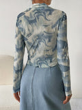 Tie Dye Zipper Collared T-Shirt, Casual Long Sleeve T-Shirt For Spring & Fall, Women's Clothing