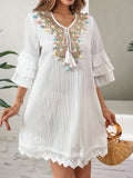 [Colorful Pom-Pom A-Line Dress] Colorful Pom-Pom Embroidered A-Line Dress - Women's Fashion Notched V-Neck with Ruffle Three Quarter Sleeves, Tassel Trim - Polyester 100%, Regular Fit, Woven Fabric, 120g/m², Spring/Summer/Fa