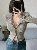 Slim Fit Solid Color Y2K-Inspired Jacket for Women - Long Sleeve, Round Neck, Patchwork, Faux Fur Trim, Zip-Up, Machine Washable