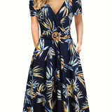 [Tropical Leaf Print V-Neck Dress] Navy Blue Tropical Leaf Print V-Neck Short Sleeve Midi Dress - Fitted Bodice, Flared Skirt, Polyester Blend, with Belt and Pockets, Perfect for Spring/Summer Casual or Tea Church Outfits