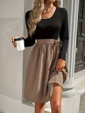 [Color Block Belted Crew Dress] ZAFUL Color Block Crew Neck Belted Dress, Elegant Long Sleeve A Line Dress For Spring & Fall, Women's Clothing