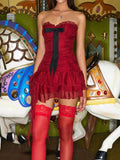 Red Strapless Sexy Mesh Ruched Dress