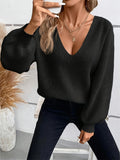Soft Polyester Elegant French-Inspired Plus Size Sweater - V-Neck with Bow Tie Back, Hand Washable, Classic Knitwear, Smooth Texture, All-Season Apparel