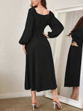 Elegant Textured Midi Dress - Cross Tie Lantern Sleeve Solid Color Romantic Dress for Women