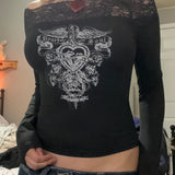 Dark Y2K Vintage Print Lace Splicing One-Shoulder Slim Fit Long Sleeve T-Shirt