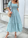Elegant For Spring & Summer Midi Dress, Floral Print Shirred Bust Square Neck A-line Dress With Puff Sleeve, Women's Clothing