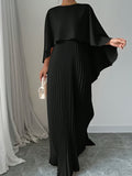 Pleated Non-Stretch Polyester Elegant Solid Color Dress - Integrated Cape Shawl, Machine Washable, Perfect for All Seasons - Middle East Special Project Style