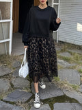 [Leopard Print Crew Neck Dress] Leopard Print Crew Neck Dress, Elegant Long Sleeve Mesh Stitching A-line Dress for Spring & Fall, Women's Clothing