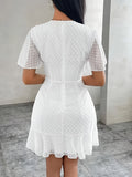 [Summer Chiffon Ruffle Dress] Summer Fashion Solid Color Chiffon Ruffle Hem Dress - Casual Crew Neck Short Sleeve A-Line Pendulum - 95% Polyester 5% Elastane