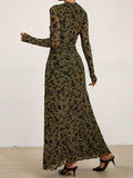 [Ankle Length Floral Print Dress] Floral Print Tucked Ankle Length Dress, Elegant Crew Neck Long Sleeve Slinky Dress For Spring & Fall, Women's Clothing