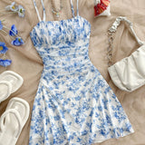 [Floral Mesh] Women's Dress | Summer Vacation | Blue And White Floral Mesh