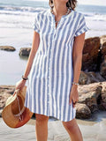 [Elegant | Striped] Elegant Striped V-Neck Midi Dress | Asymmetrical Hemline, Casual Short Sleeve, Button Front, Lightweight Polyester | Perfect for Summer Beach Outings, Beach Dress