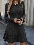 Long Sleeve Ruffle Hem Ribbed A-line Dress, Casual Crew Neck Solid Color Dress For Spring & Fall, Women's Clothing