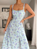 Vintage Floral Print Square Neck Sleeveless Midi Dress with Adjustable Thin Straps & Front Zipper, Light Purple Floral Design, Backless Detail - Perfect for Spring/Summer/Fall, Casual Summer Dress | Vintage Floral Dress | Ruf