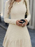 Long Sleeve Ruffle Hem Ribbed A-line Dress, Casual Crew Neck Solid Color Dress For Spring & Fall, Women's Clothing
