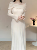 Long Sleeve 3D Floral Off-Shoulder Knit Dress - Solid Color, Regular Fit, A-Line, Winter Fashion, Sweater Knit Fabric