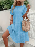 Solid Color Embroidered Lace Dress - Hollow Out Design, Elegant for Casual Wear
