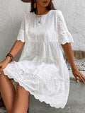 Pure Color Embroidered Dress - Hollowed-Out Lining, Elegant, Unique for Special Occasions