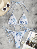 Women'S Tie-Strap Triangle Printed Smocked Bikini Set, Adjustable Beach Swimwear, Floral Print, Summer Essentials