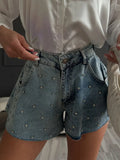 Rhinestone High Waist Denim Shorts