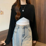 Women Crisscross Sweater Crop Pullover Relaxe-fit Cross Front Knit Wrap Jumper Knitwear Teen-girl Fall Winter Elegant Outfit