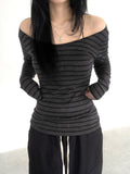 Japanese and Korean Special Targeted Elegant Basic Large Round Neck Slimming Long Sleeve Striped Top