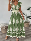 [100% Polyester V-Neck Midi Dress] Spring/Summer Floral Print V-Neck Dress with Flutter Sleeves and Waist Cinch, A-Line Midi, 100% Polyester - Machine Washable, Fly Fly Sleeves, A-Line voguable