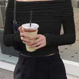 Chic Off-Shoulder Long Sleeve T-Shirt for Women - Solid Color, Stretchy Polyester, Machine Washable - Perfect for Spring/Summer/Fall