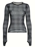 Stretchy Polyester Blend Crew Neck Long Sleeve Top - Elegant Striped Sheer Mesh - Machine Washable Women's Fashion