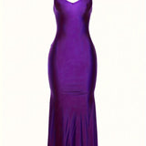 V Neck Spaghetti Strap Backless Dress - Seamless Solid Bodycon for Night Out - Fashionable Womens Clubbing Gown