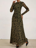 [Ankle Length Floral Print Dress] Floral Print Tucked Ankle Length Dress, Elegant Crew Neck Long Sleeve Slinky Dress For Spring & Fall, Women's Clothing