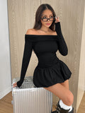 Women'S Solid Color Strapless Mini Dress, Fitted Polyester Knit Fabric with Ruffle Hem, Long Sleeve, All-Season Fashion for Adult