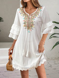 [Colorful Pom-Pom A-Line Dress] Colorful Pom-Pom Embroidered A-Line Dress - Women's Fashion Notched V-Neck with Ruffle Three Quarter Sleeves, Tassel Trim - Polyester 100%, Regular Fit, Woven Fabric, 120g/m², Spring/Summer/Fa