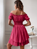 Elegant Off-Shoulder Square Neck Dress, 100% Polyester Solid Color A-Line Mini Dress for Women, Spring/Summer Woven Fabric, Occasion Wear | Ruffled Bodice | Polyester Fabric, Cute Dresses