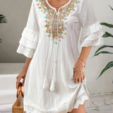 [Colorful Pom-Pom A-Line Dress] Colorful Pom-Pom Embroidered A-Line Dress - Women's Fashion Notched V-Neck with Ruffle Three Quarter Sleeves, Tassel Trim - Polyester 100%, Regular Fit, Woven Fabric, 120g/m², Spring/Summer/Fa
