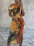 For Spring & Summer, Off-shoulder Straight Neck Abstract Print Sheath Dress, Women's Clothing