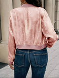 Everyday Comfort, Elegant Women's Pink Metallic Bomber Jacket - Long Sleeve, Zip-Up with Baseball Collar, Polyester Blend, Machine Washable for Spring & Fall Fashion, Spring Jacket|Glossy Finish Jacket|Polyester Blend Jacket voguable