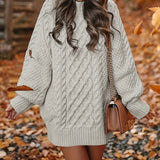 Women's Long Sleeve Cable Knit Dress, Casual Solid Color Crew Neck Loose Fit Knitted Dress for Everyday Wear