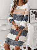Women's Color Block Fuzzy Knitted Mini Dress - Elegant Drop Shoulder, Lantern Sleeve, Crew Neck, Perfect for Fall & Winter Season